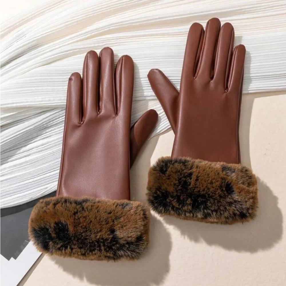 Leather Gloves With Fuzzy Cuff, Warm l Windproof Touch Screen PU Leather Mittens